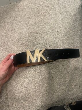 Michael Kors Black Leather Belt with Gold MK Logo Buckle